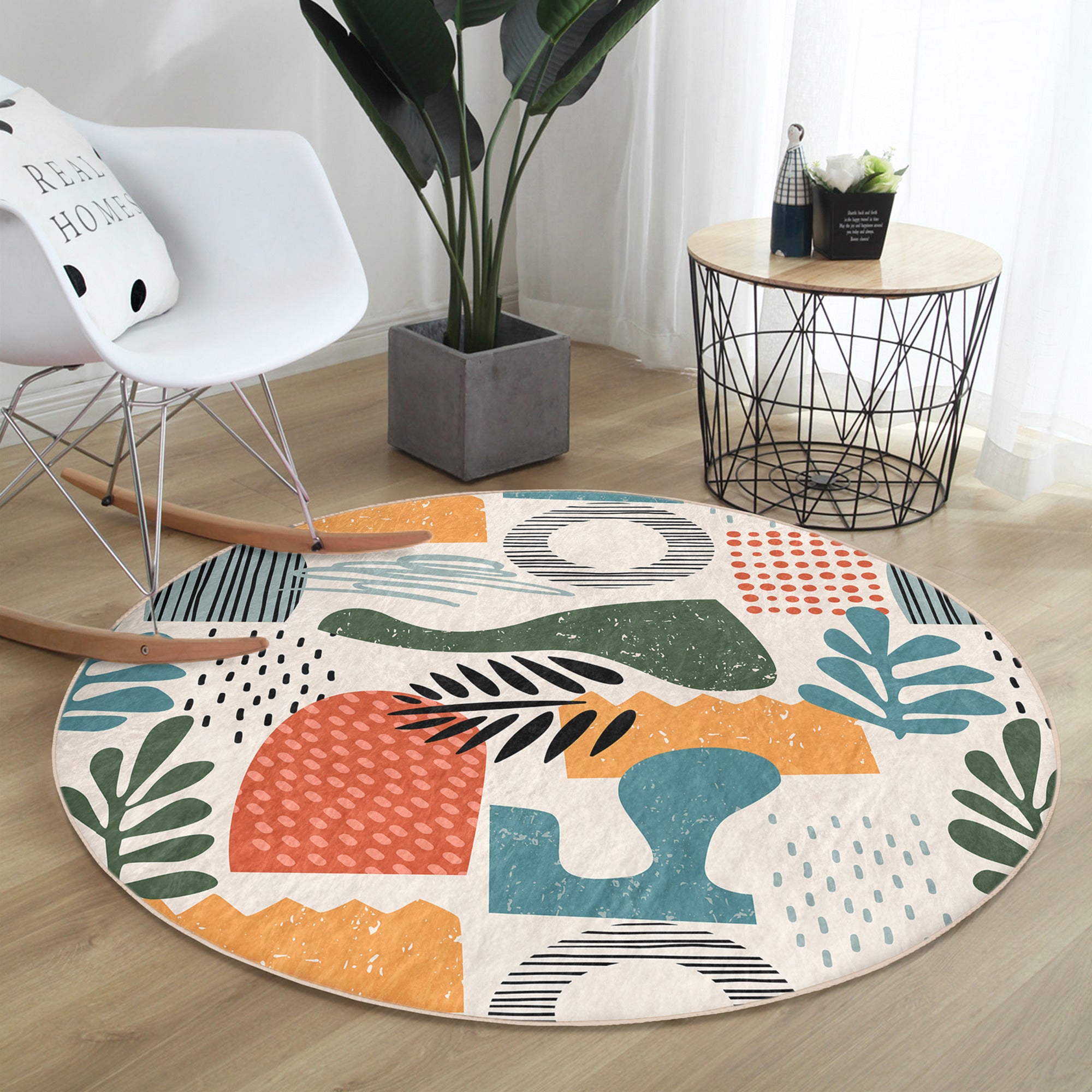 A stylish Bohemian round rug featuring vibrant patterns and soft velvet fabric, perfect for home decoration.