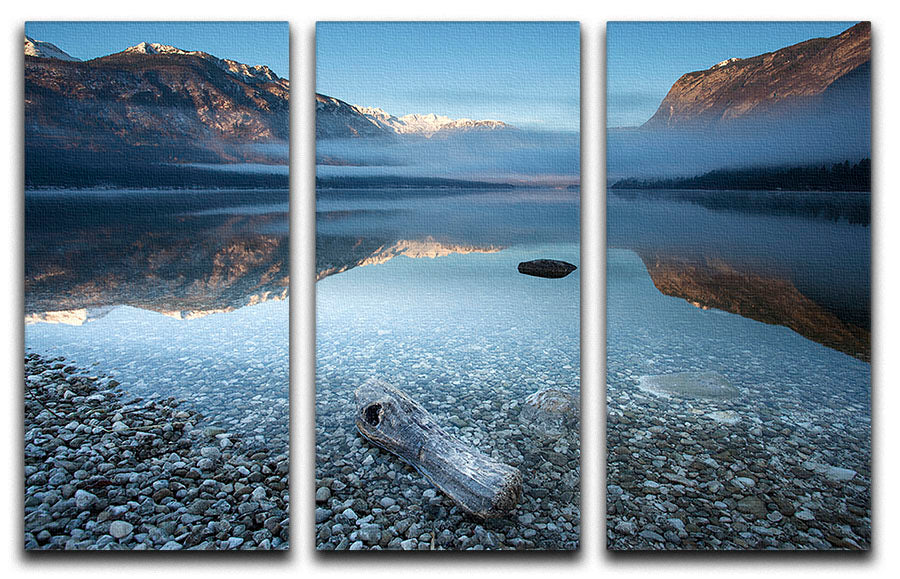 Bohinj's Tranquility 3 Split Panel Canvas Print showcasing serene nature scenes in three panels, enhancing interior decor.