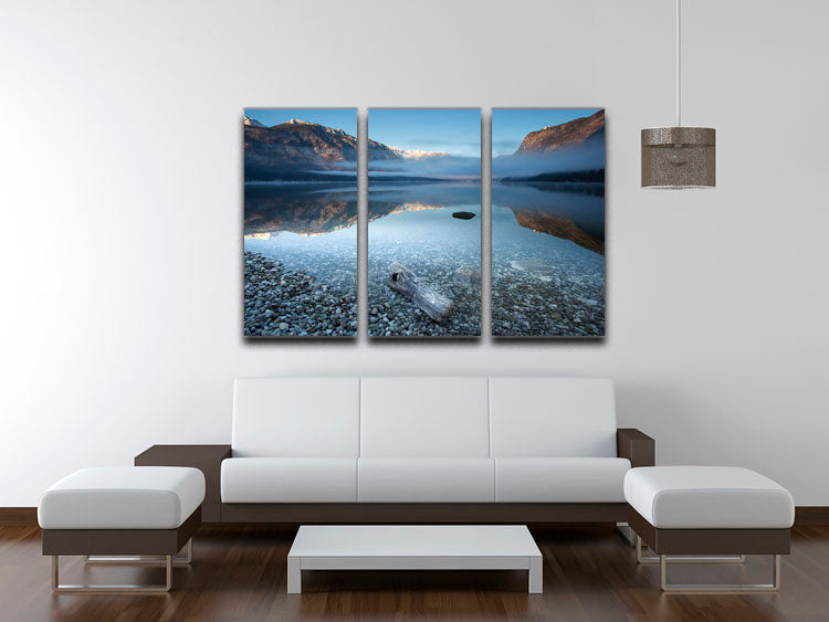 Bohinj's Tranquility 3 Split Panel Canvas Print showcasing serene nature scenes in three panels, enhancing interior decor.