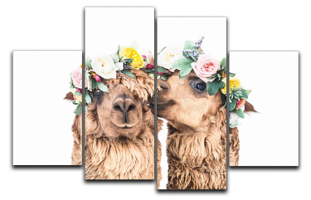 A vibrant 4-split canvas artwork featuring playful alpacas in a bohemian style, perfect for home decor.