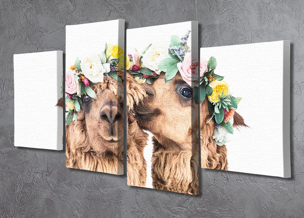 A vibrant 4-split canvas artwork featuring playful alpacas in a bohemian style, perfect for home decor.