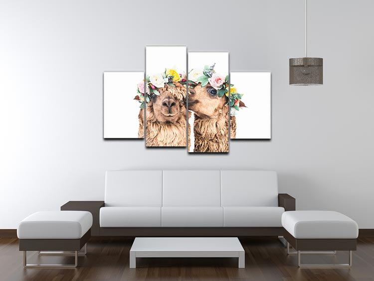 A vibrant 4-split canvas artwork featuring playful alpacas in a bohemian style, perfect for home decor.