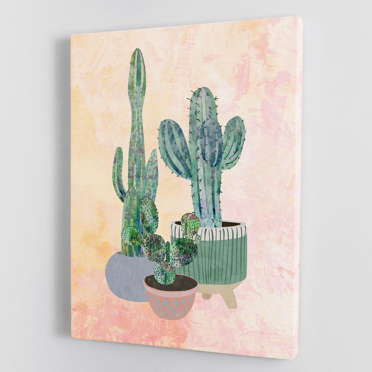 Boho Cactus Trio Canvas Print featuring vibrant cacti in a stylish design, perfect for home decor.