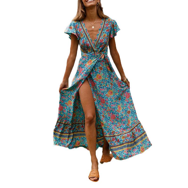 A stylish Boho Floral Print Long Maxi Women Chiffon Jumpsuit featuring a vibrant floral pattern, perfect for summer beach outings.