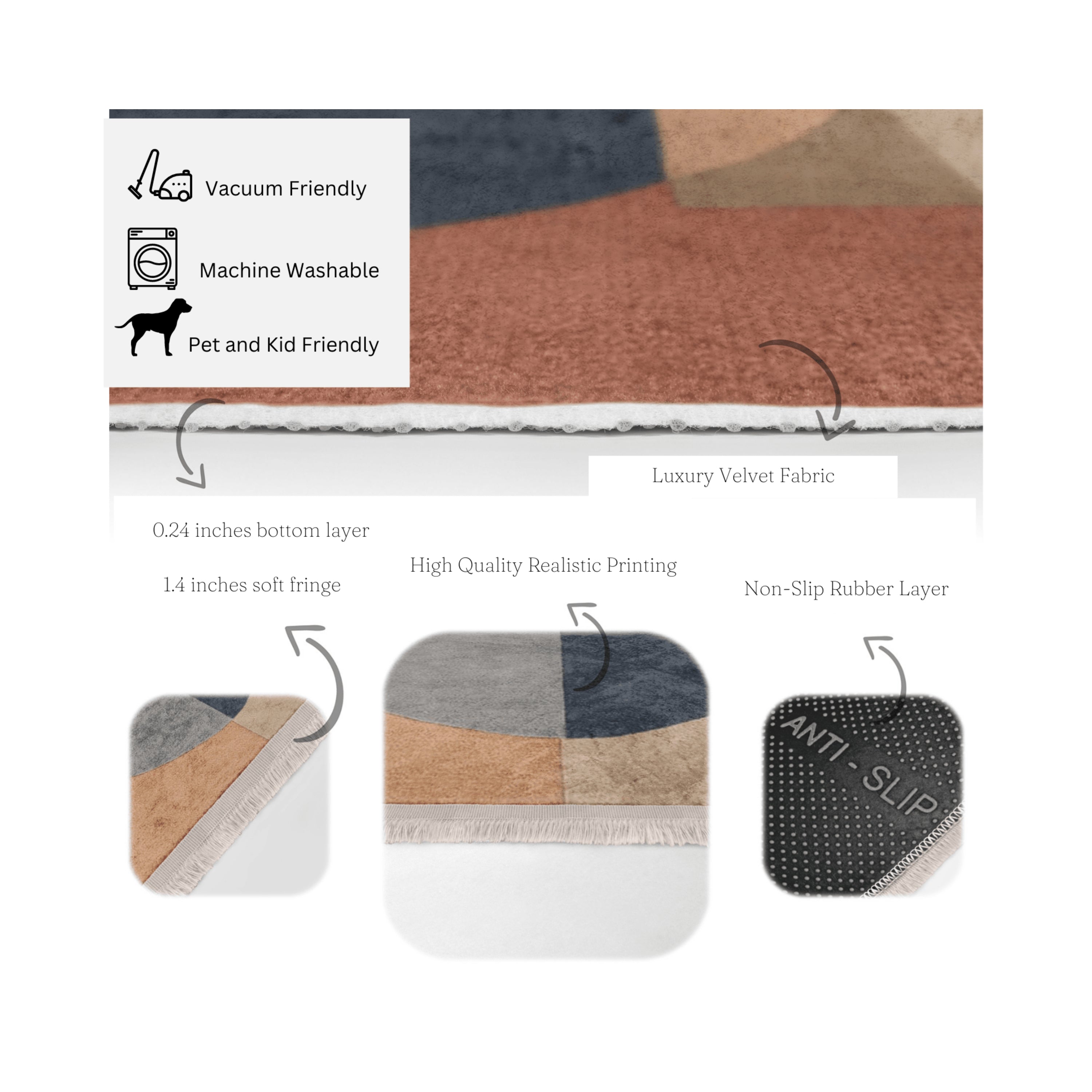 Boho Home Decor Washable Area Rug with fringes, showcasing vibrant patterns and a soft texture, perfect for enhancing home interiors.