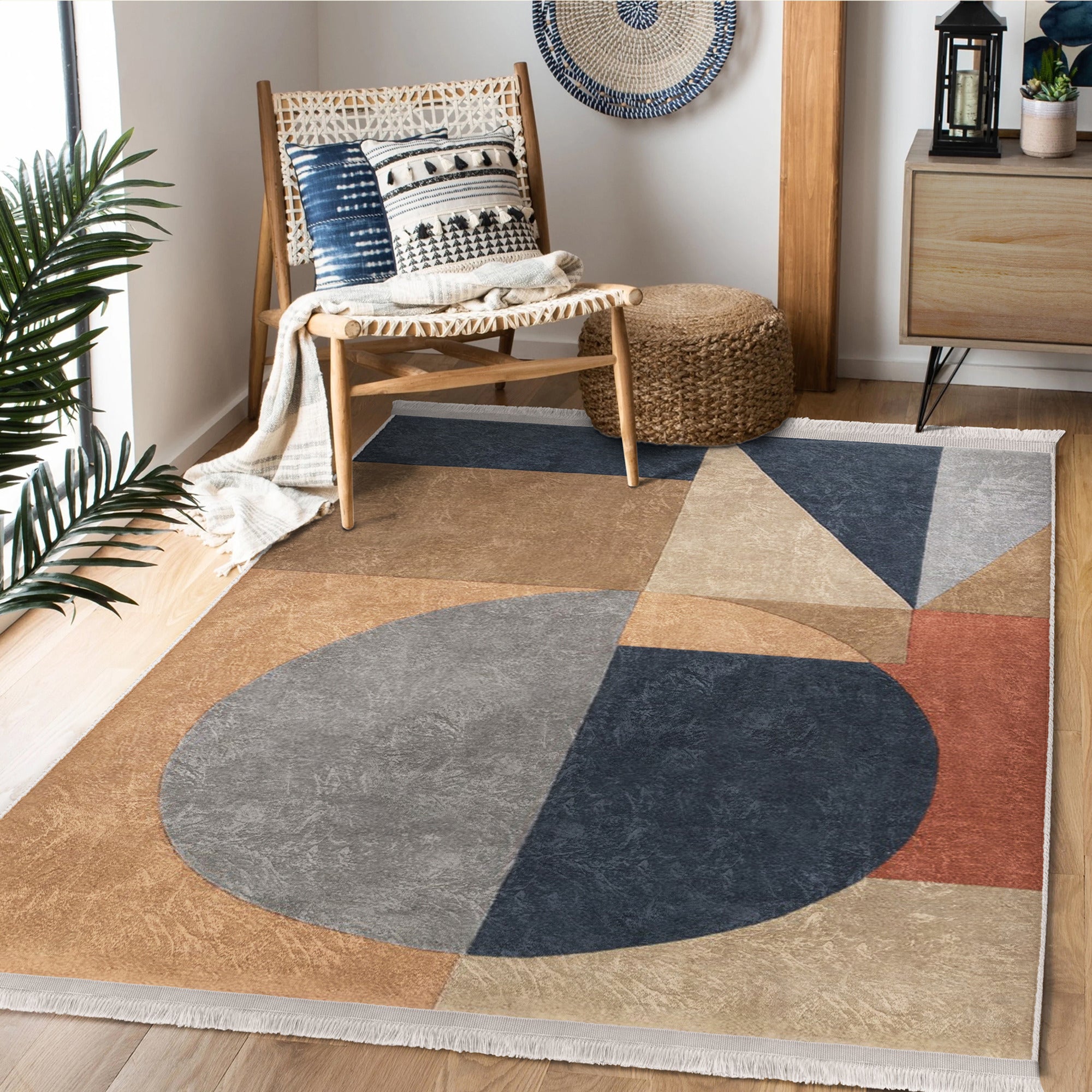 Boho Home Decor Washable Area Rug with fringes, showcasing vibrant patterns and a soft texture, perfect for enhancing home interiors.