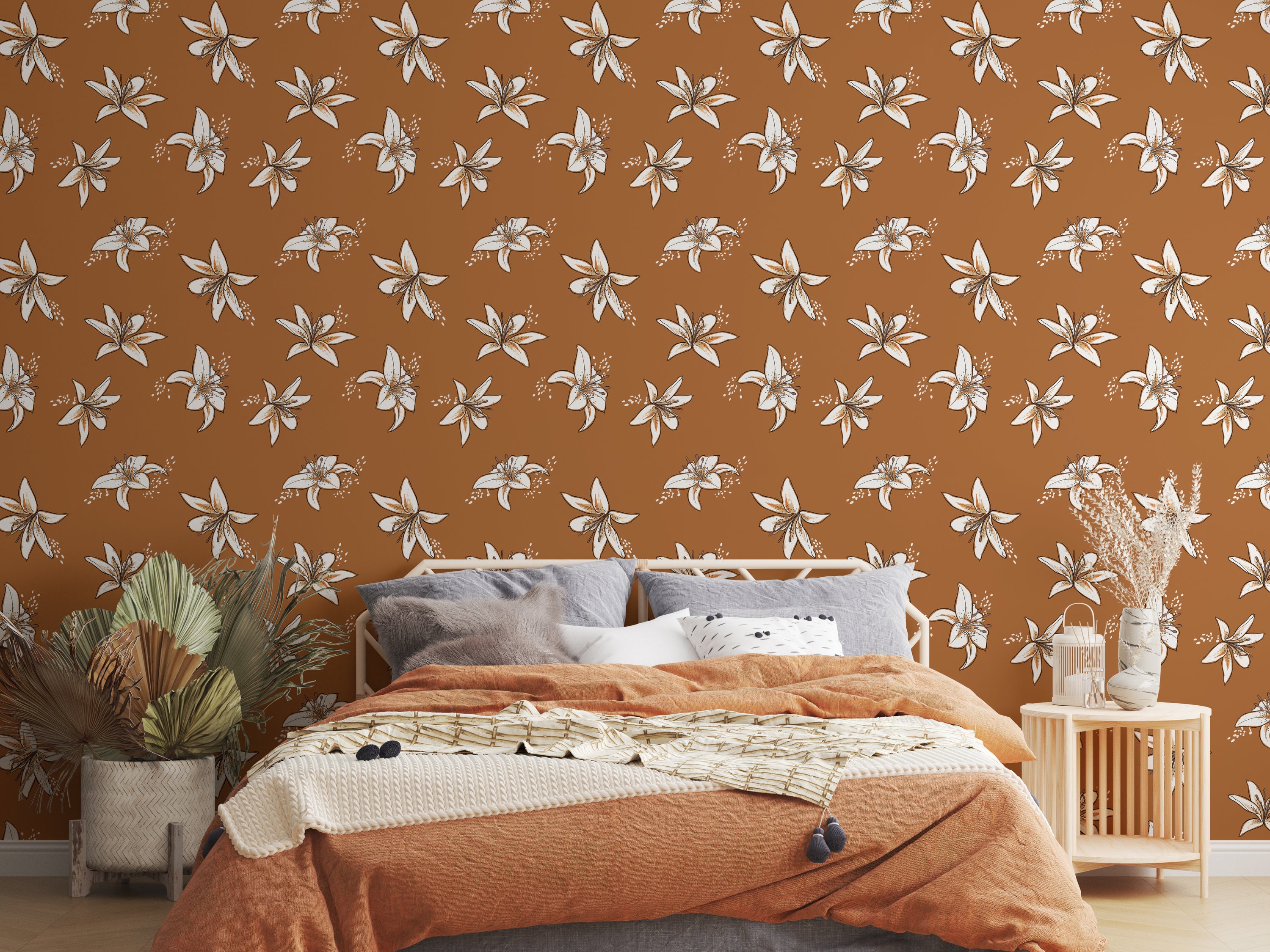 Boho Lilies (Brown) Wallpaper featuring vibrant floral patterns on a brown background, perfect for modern home decor.