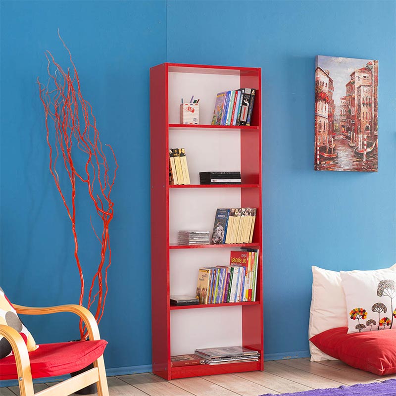Bookcase CARMELLA in vibrant red with five shelves, dimensions 58x23x170cm, perfect for home or office use.