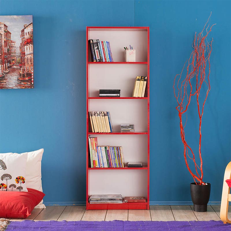 Bookcase CARMELLA in vibrant red with five shelves, dimensions 58x23x170cm, perfect for home or office use.