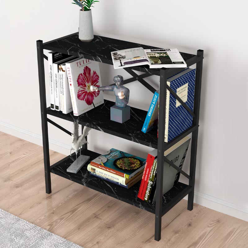 Bookcase PINIA featuring a black marble effect, three shelves, and a modern design, perfect for home or office use.