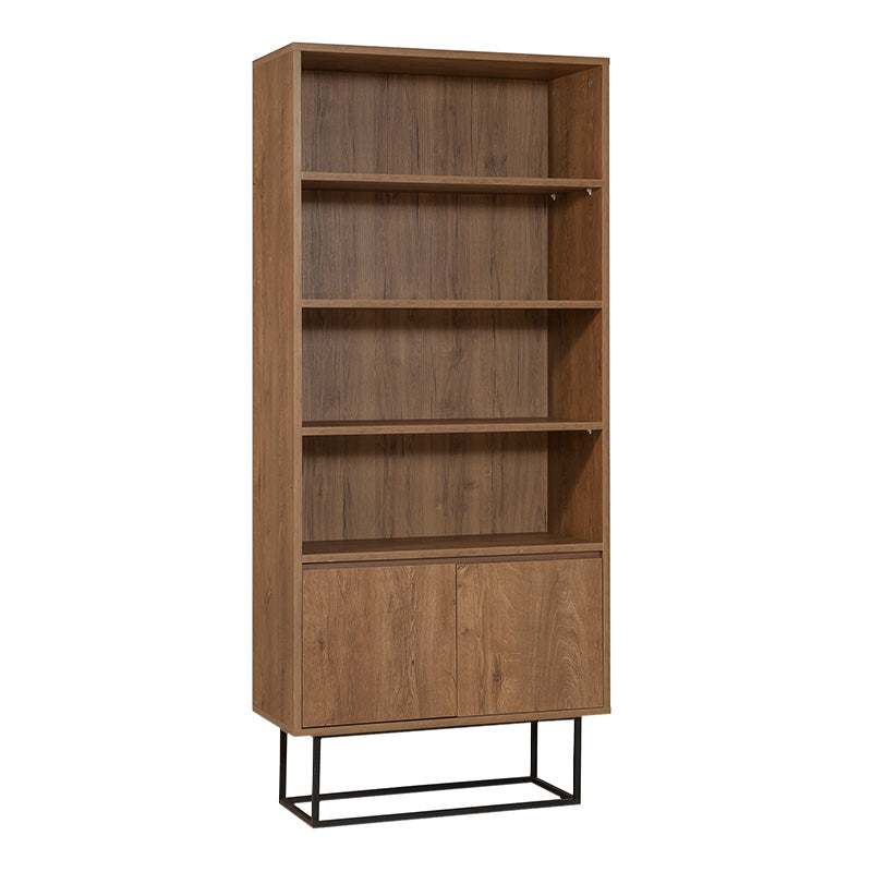 Walnut colored RAMIREZ bookcase with modern metal legs, featuring spacious shelves for books and decor.