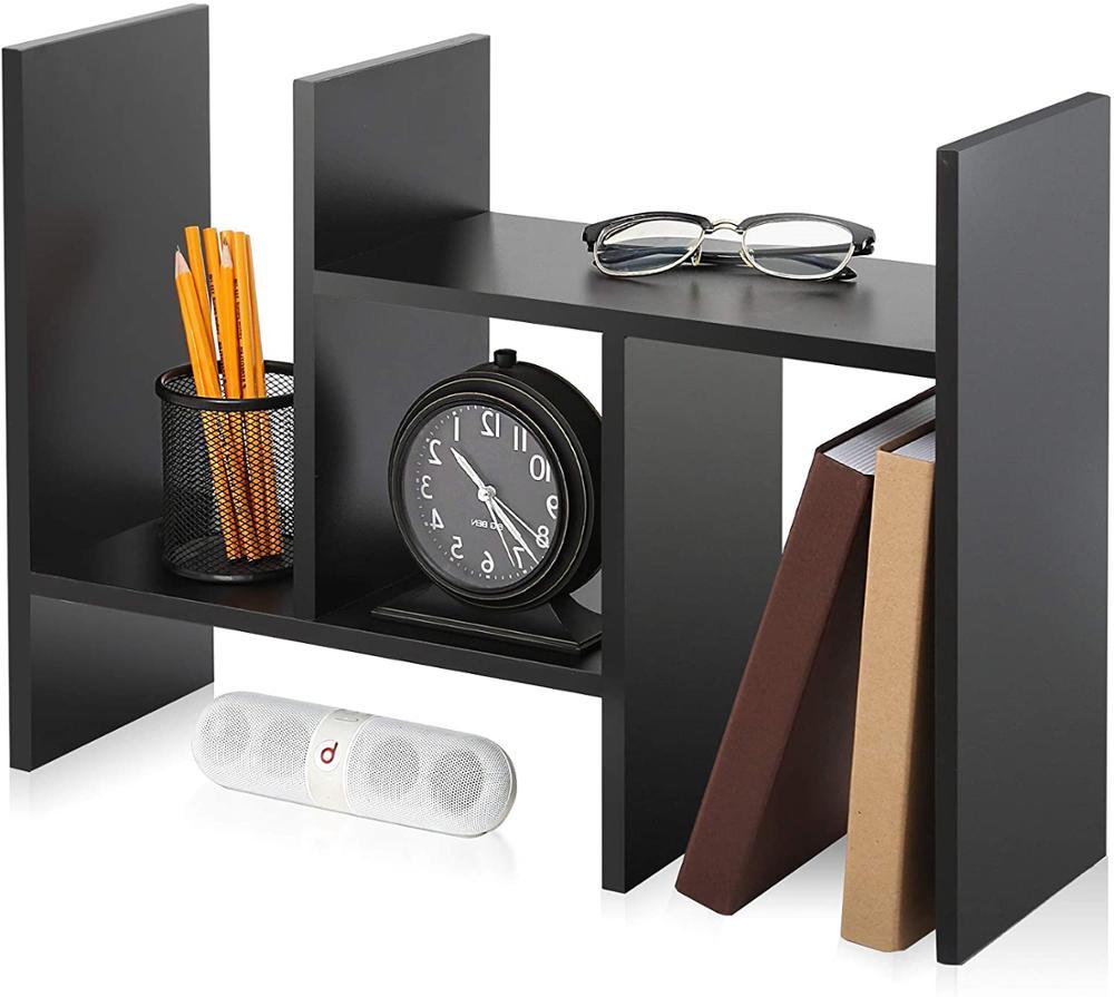 A sleek black bookshelf table organizer with two tiers, designed for desktop storage and display, made from durable MDF material.