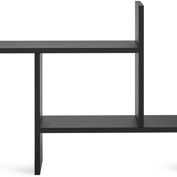 A sleek black bookshelf table organizer with two tiers, designed for desktop storage and display, made from durable MDF material.