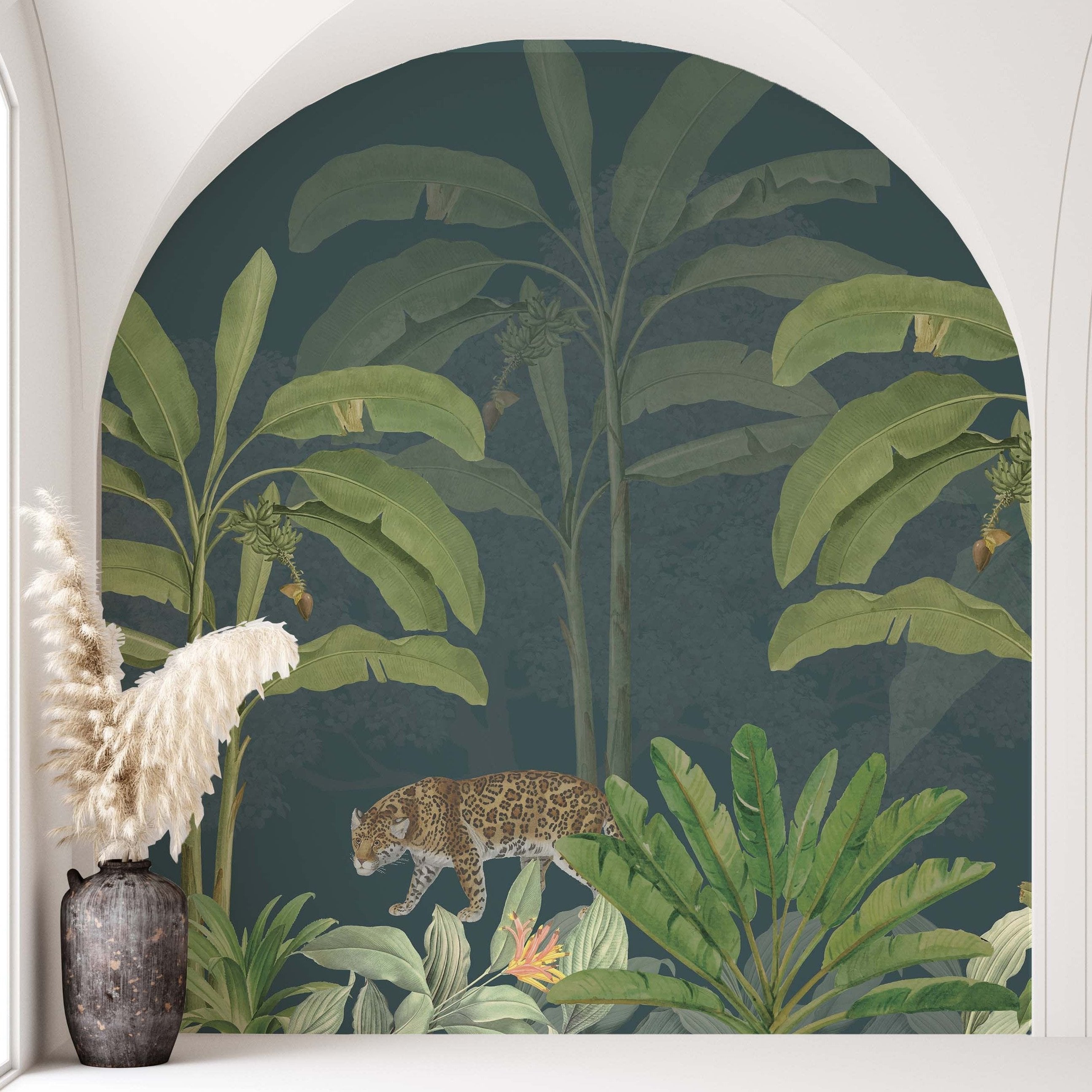 Bold tropical mural featuring lush banana trees on a dark background, perfect for creating a vibrant statement wall.