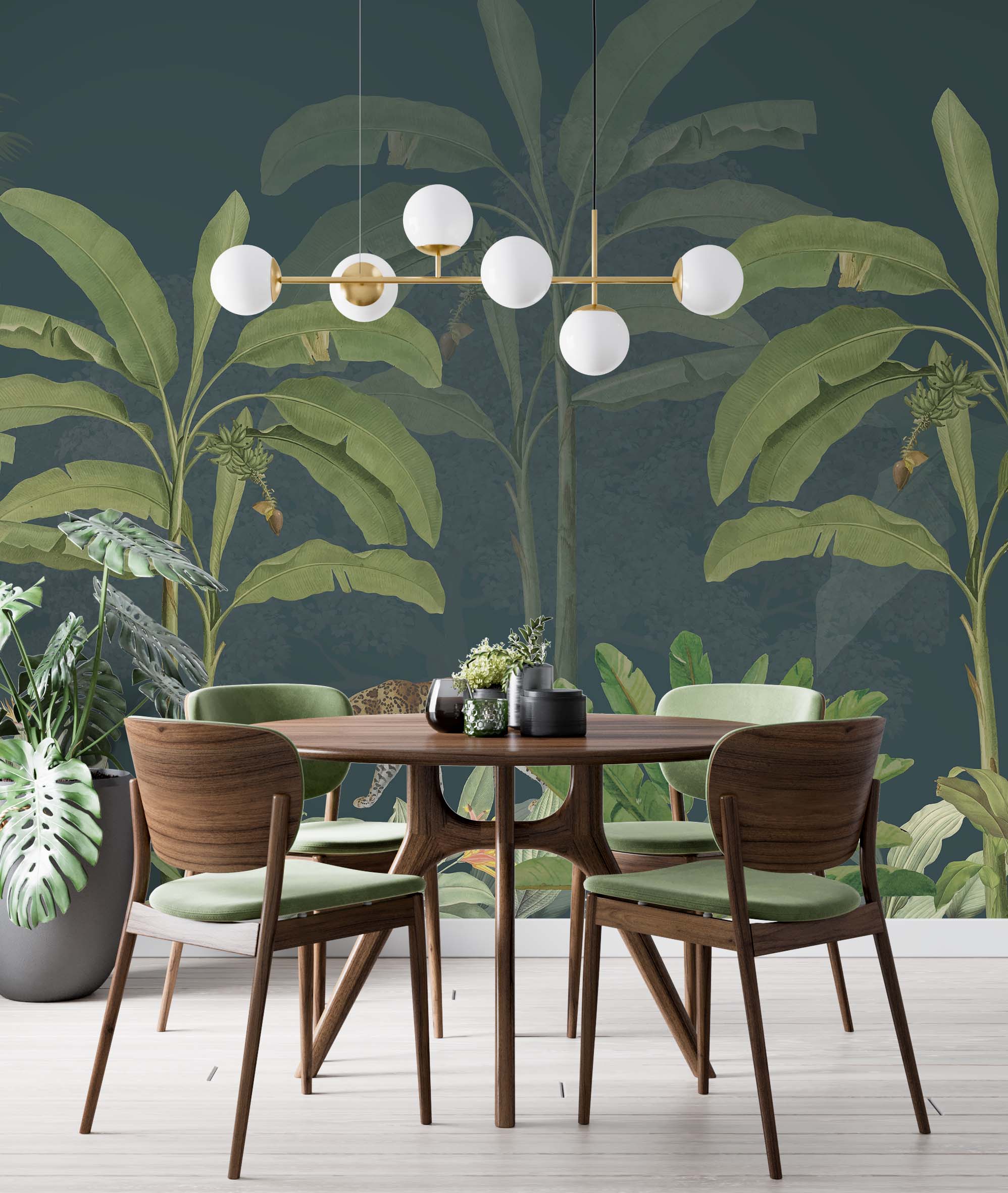 Bold tropical mural featuring lush banana trees on a dark background, perfect for creating a vibrant statement wall.