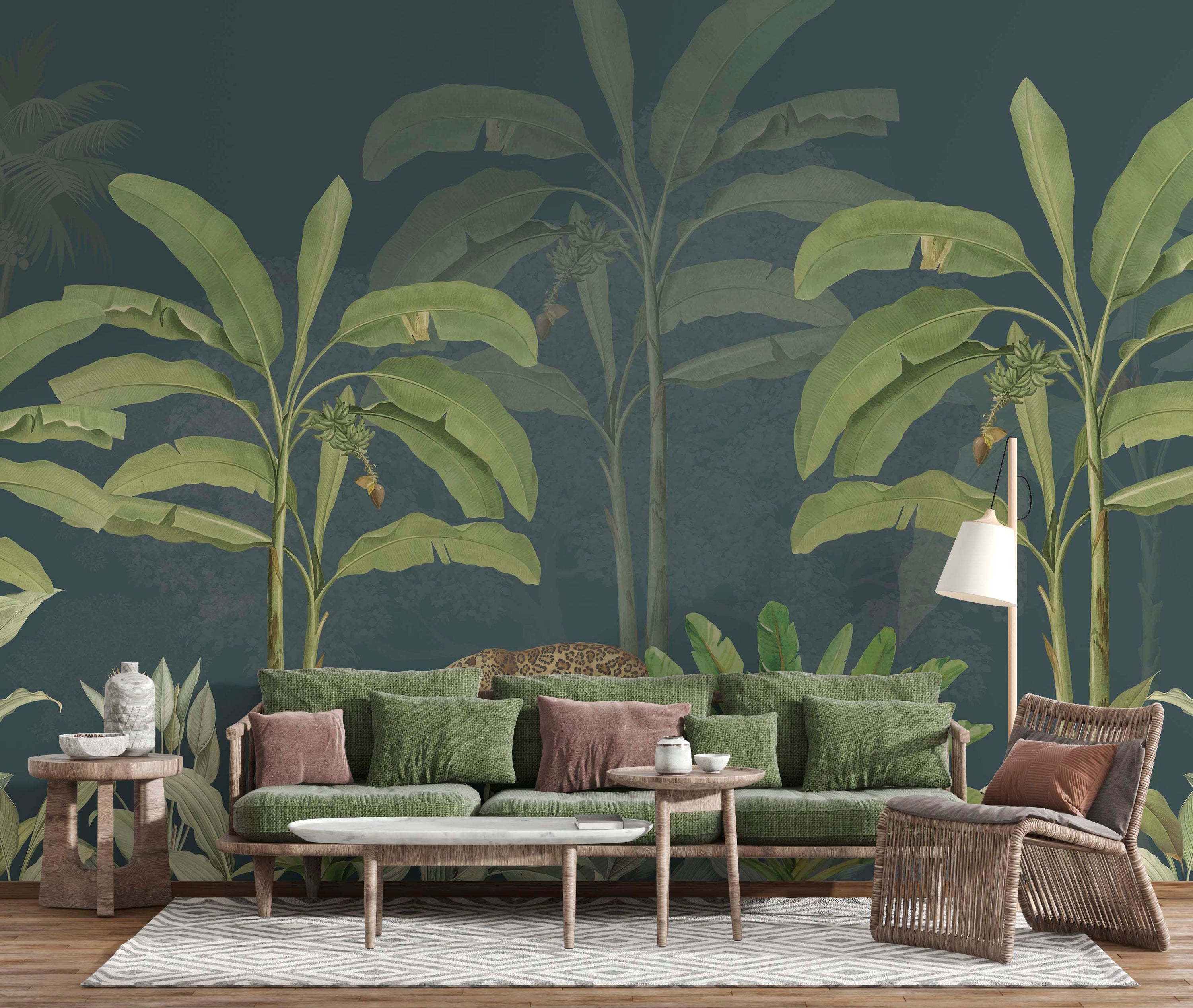 Bold tropical mural featuring lush banana trees on a dark background, perfect for creating a vibrant statement wall.