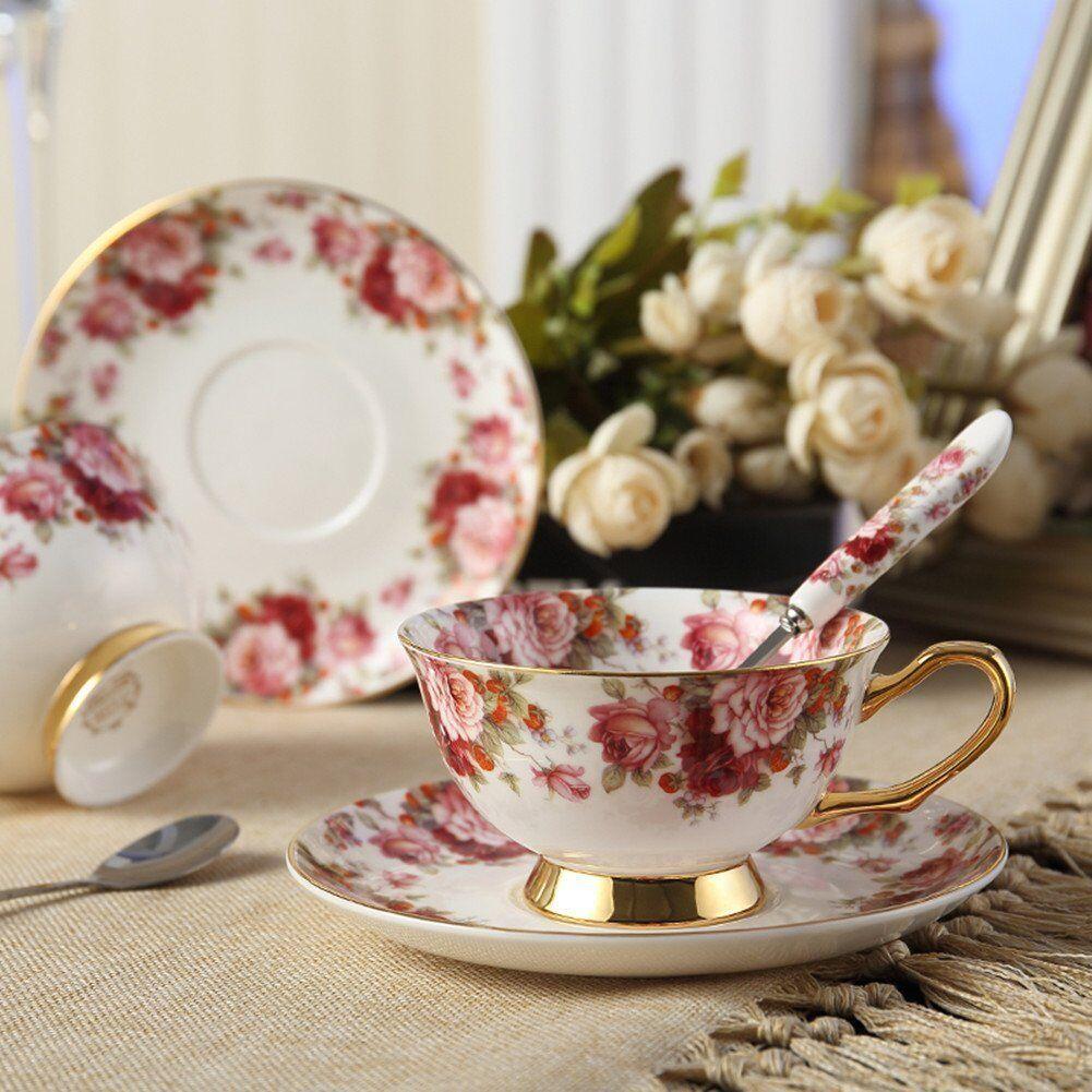 Elegant Bone China Tea Cup Set with Saucer and Spoon featuring floral patterns and gold accents, perfect for tea or coffee.