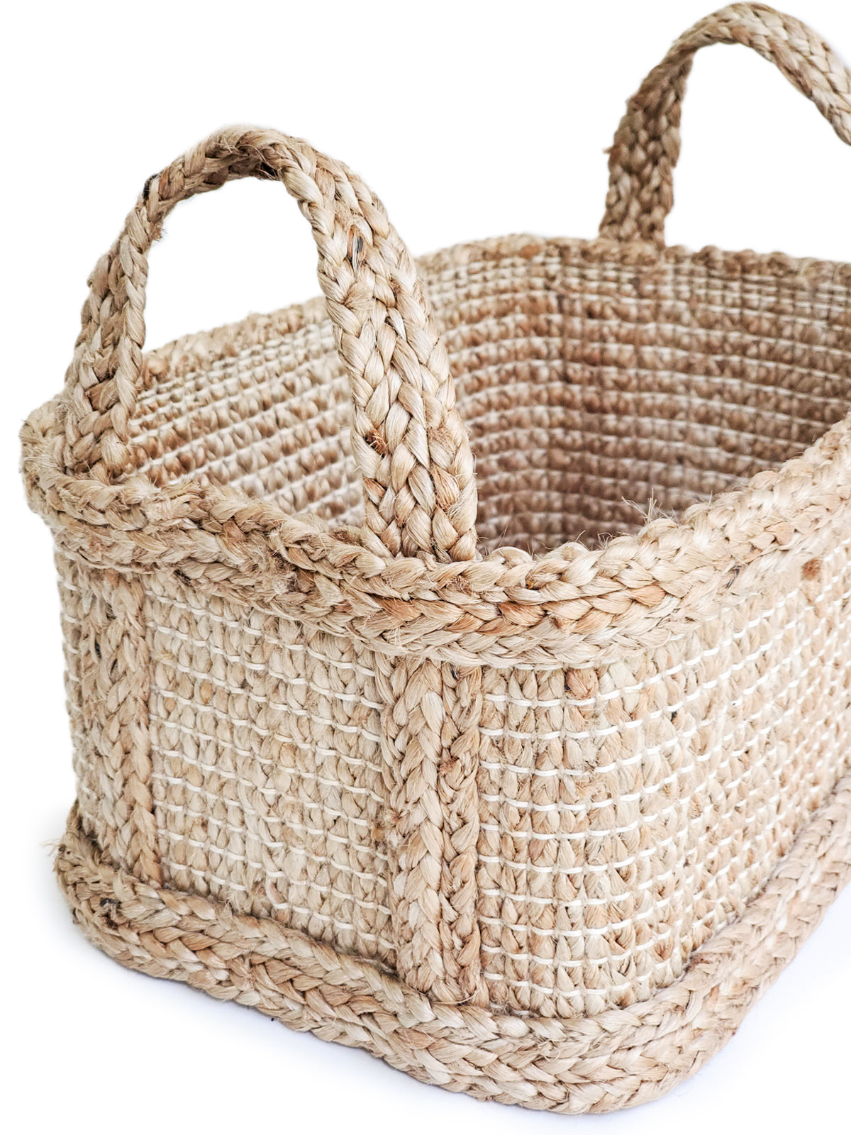 Bono Rectangular Storage Basket made of thick braided jute, showcasing its natural color and handcrafted design.