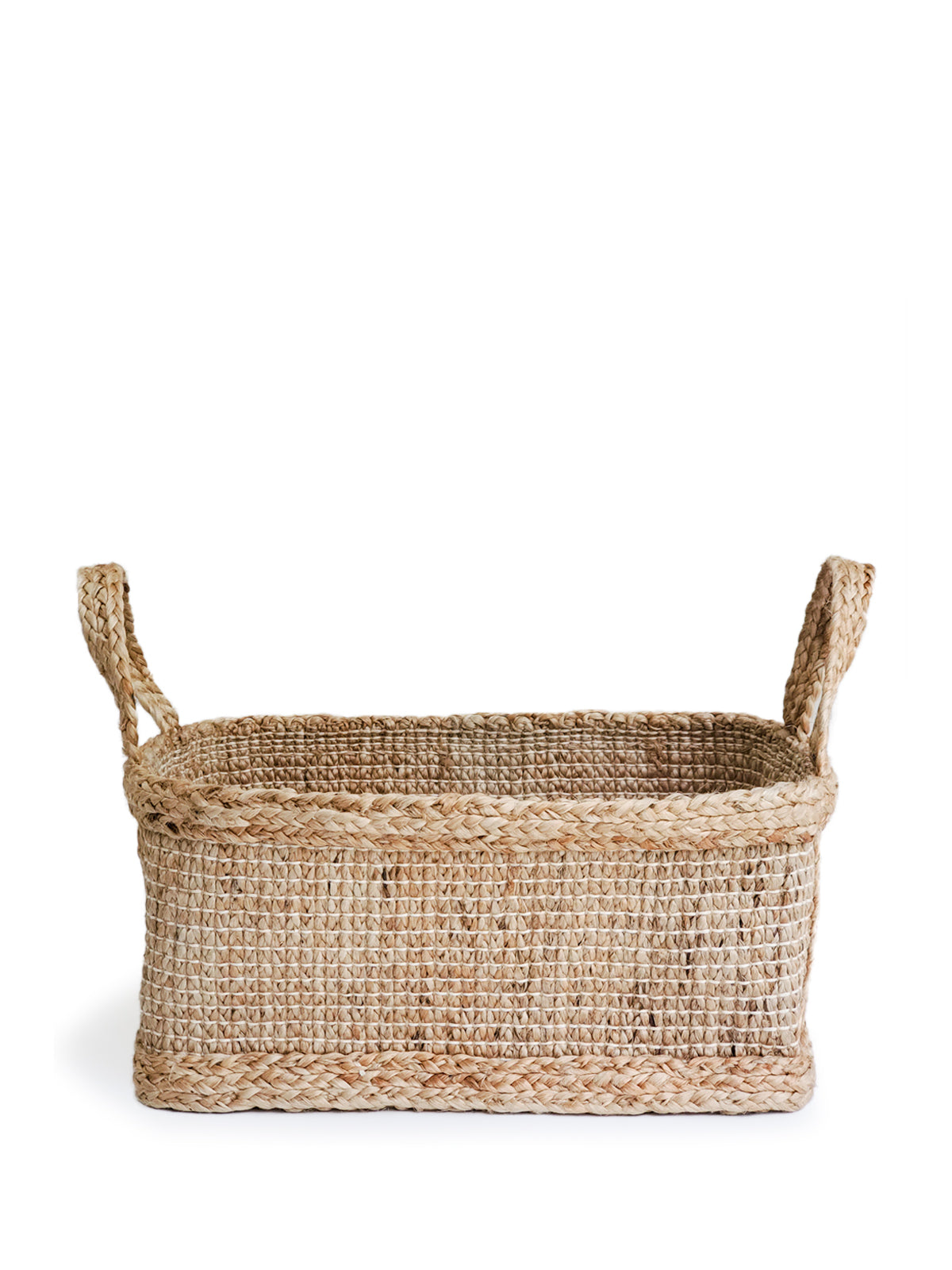 Bono Rectangular Storage Basket made of thick braided jute, showcasing its natural color and handcrafted design.