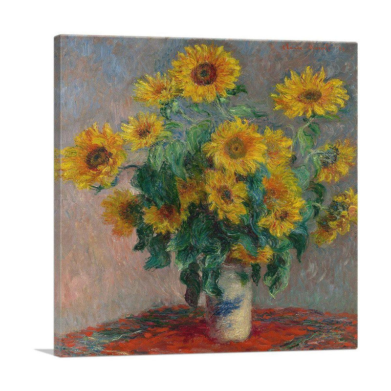 A vibrant canvas print featuring a bouquet of sunflowers, showcasing bright yellow petals against a textured background.