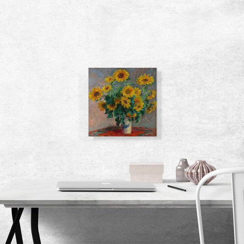 A vibrant canvas print featuring a bouquet of sunflowers, showcasing bright yellow petals against a textured background.