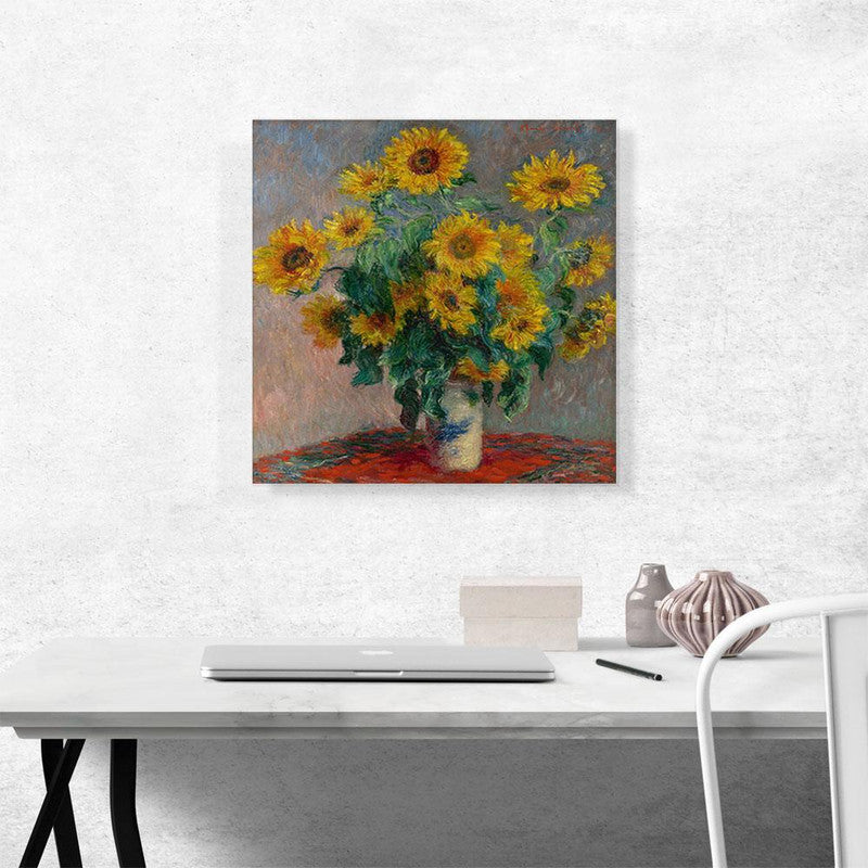 A vibrant canvas print featuring a bouquet of sunflowers, showcasing bright yellow petals against a textured background.