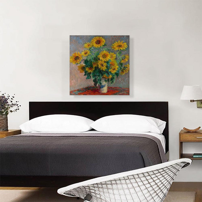 A vibrant canvas print featuring a bouquet of sunflowers, showcasing bright yellow petals against a textured background.