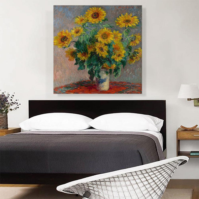 A vibrant canvas print featuring a bouquet of sunflowers, showcasing bright yellow petals against a textured background.