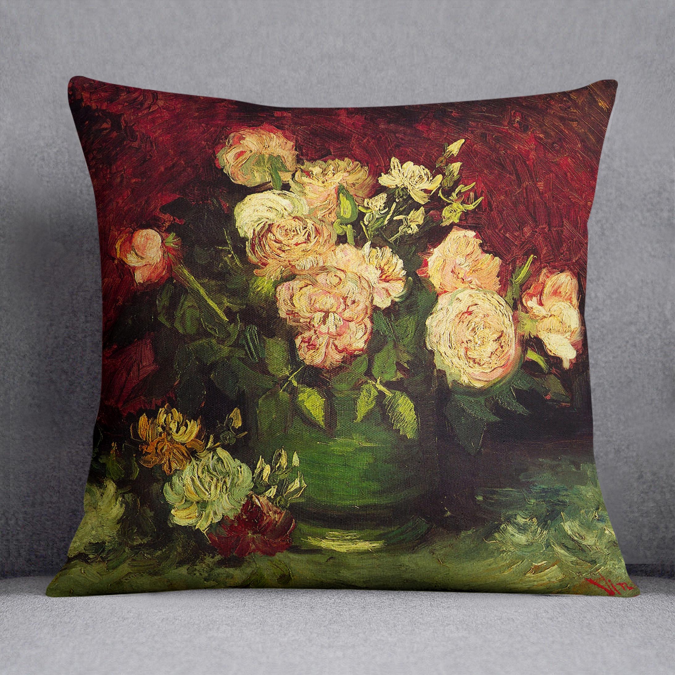A vibrant cushion featuring Van Gogh's Bowl with Peonies and Roses design, showcasing colorful floral artwork on luxurious faux suede.