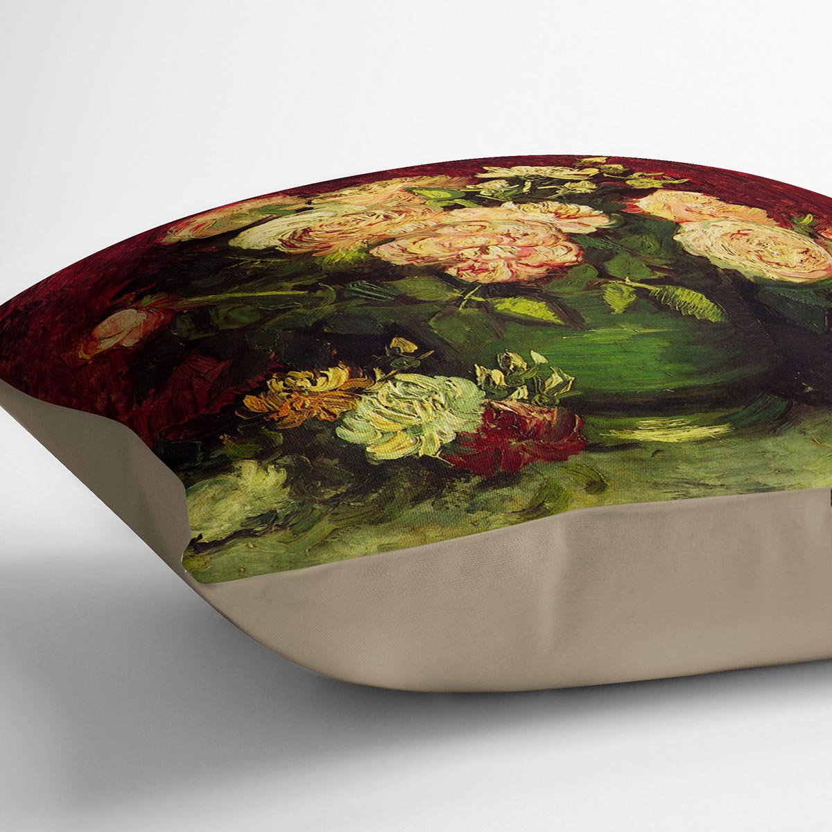A vibrant cushion featuring Van Gogh's Bowl with Peonies and Roses design, showcasing colorful floral artwork on luxurious faux suede.