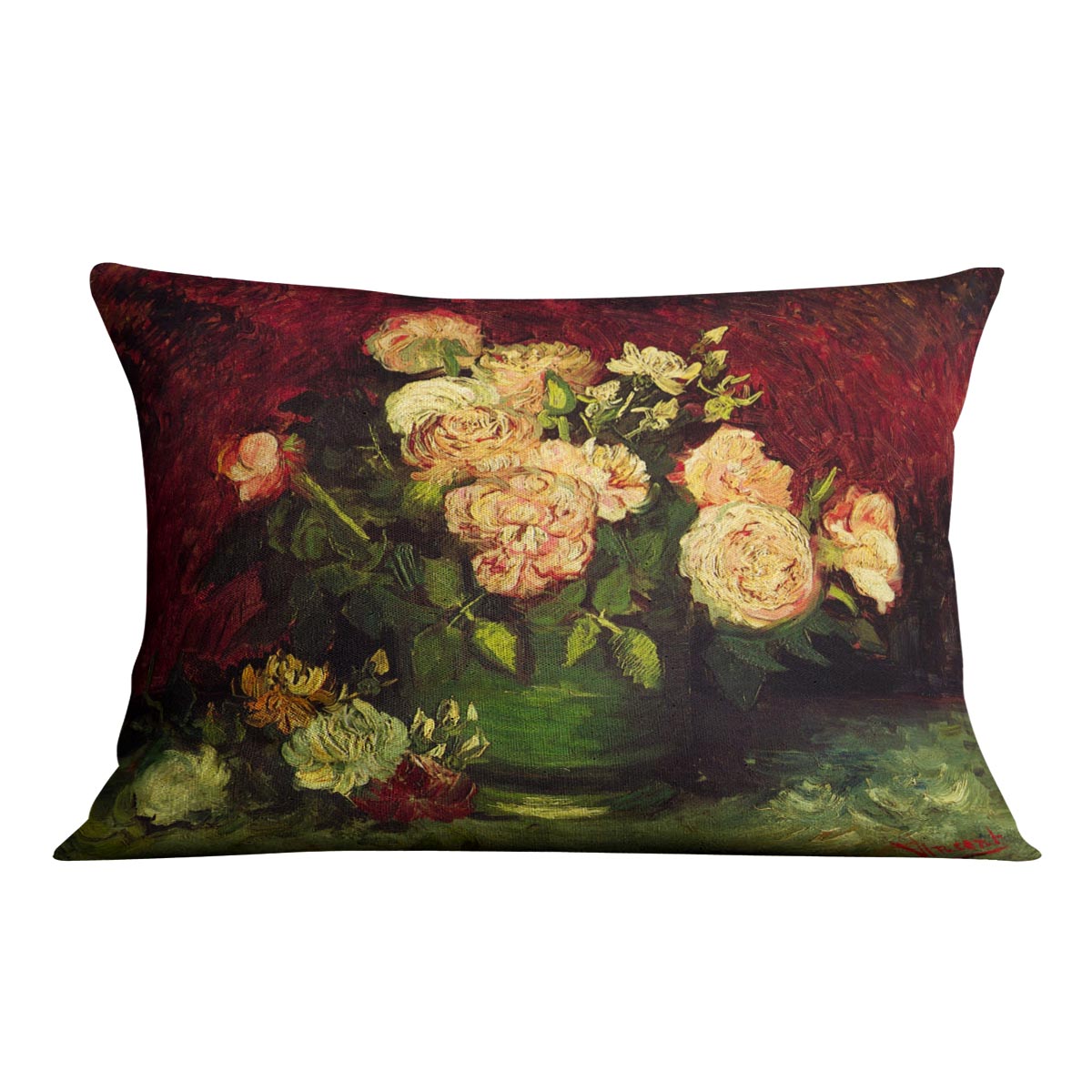 A vibrant cushion featuring Van Gogh's Bowl with Peonies and Roses design, showcasing colorful floral artwork on luxurious faux suede.