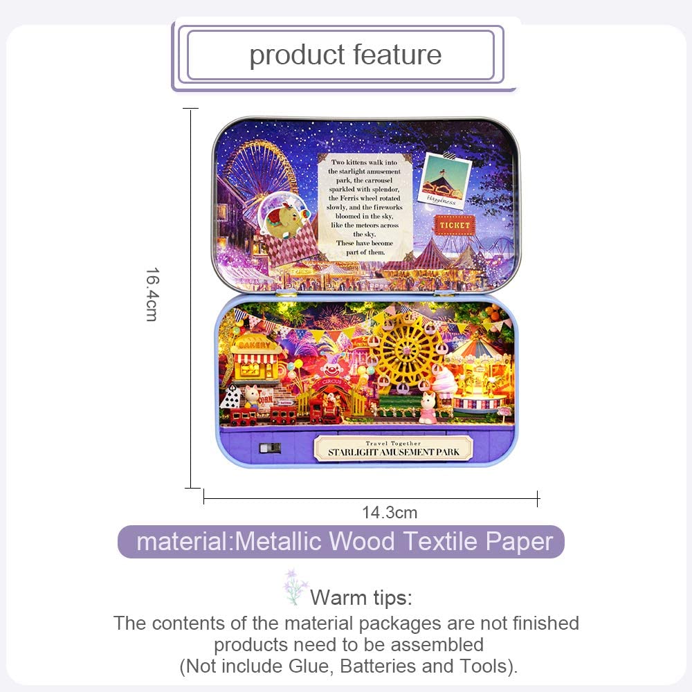 A beautifully crafted Box Theatre Doll House Furniture Miniature kit showcasing LED lights, furniture, and plants in a 1:24 scale.