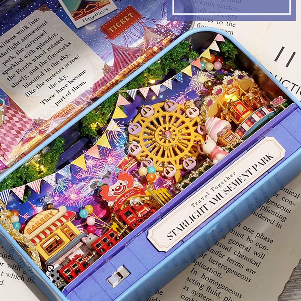 A beautifully crafted Box Theatre Doll House Furniture Miniature kit showcasing LED lights, furniture, and plants in a 1:24 scale.