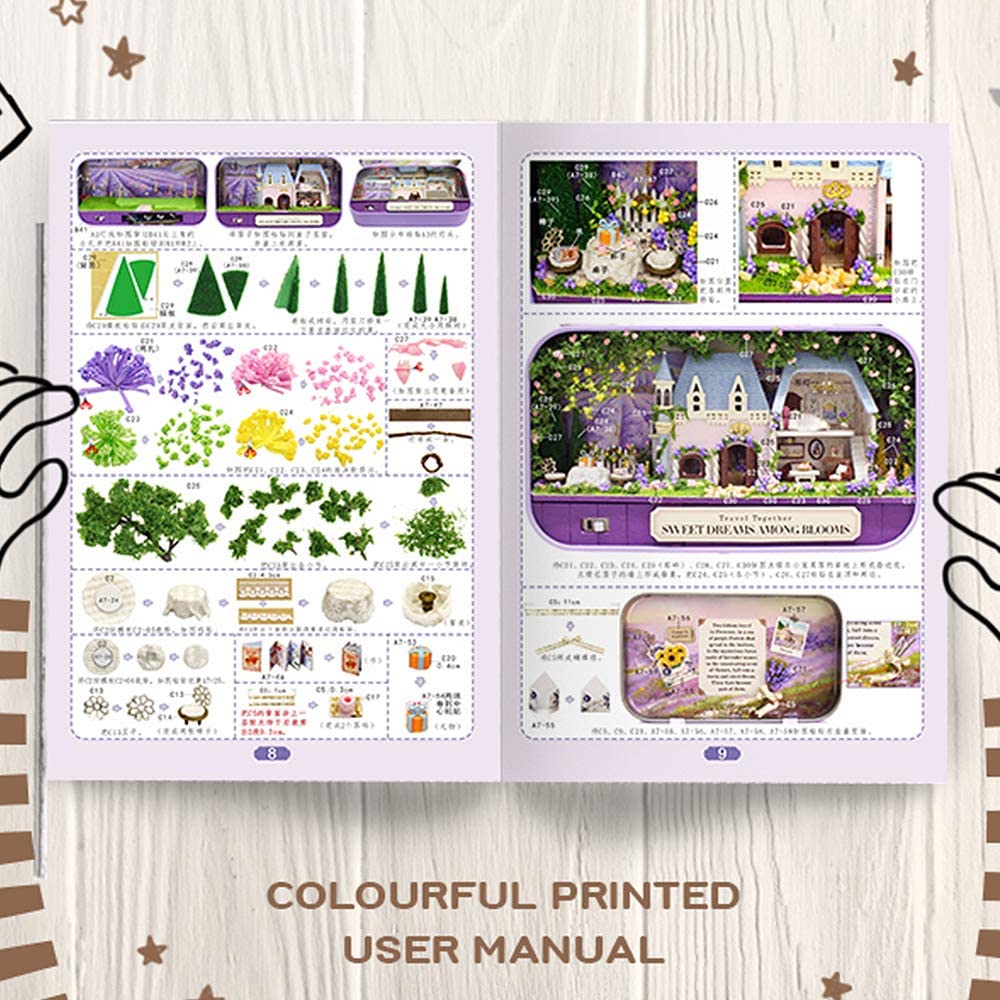 A beautifully crafted Box Theatre Doll House Furniture Miniature kit showcasing LED lights, furniture, and plants in a 1:24 scale.