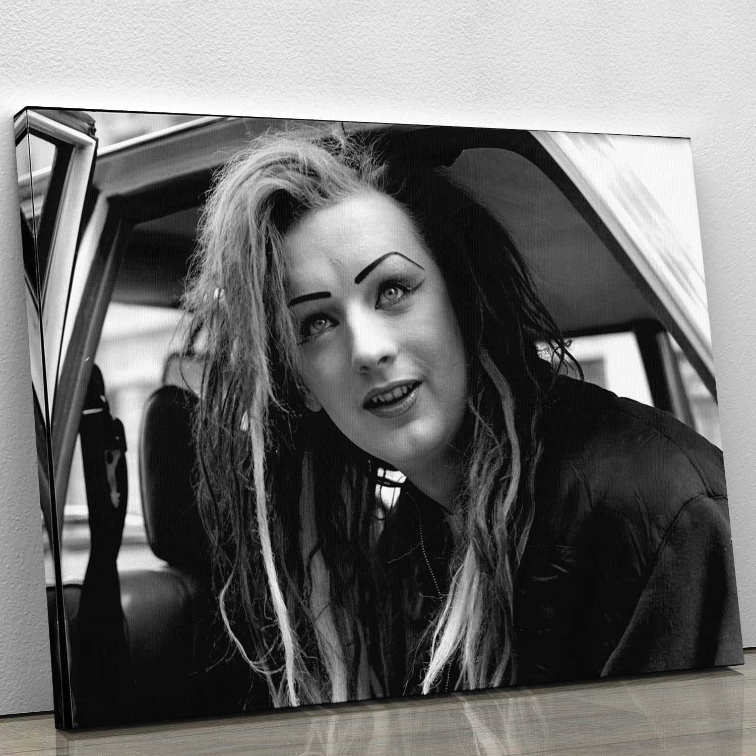 Boy George leaving canvas print featuring vibrant colors and iconic design, perfect for home or office decor.