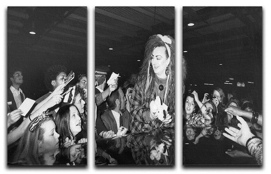 Boy George mobbed by fans 3-panel canvas print showcasing vibrant colors and dynamic design.