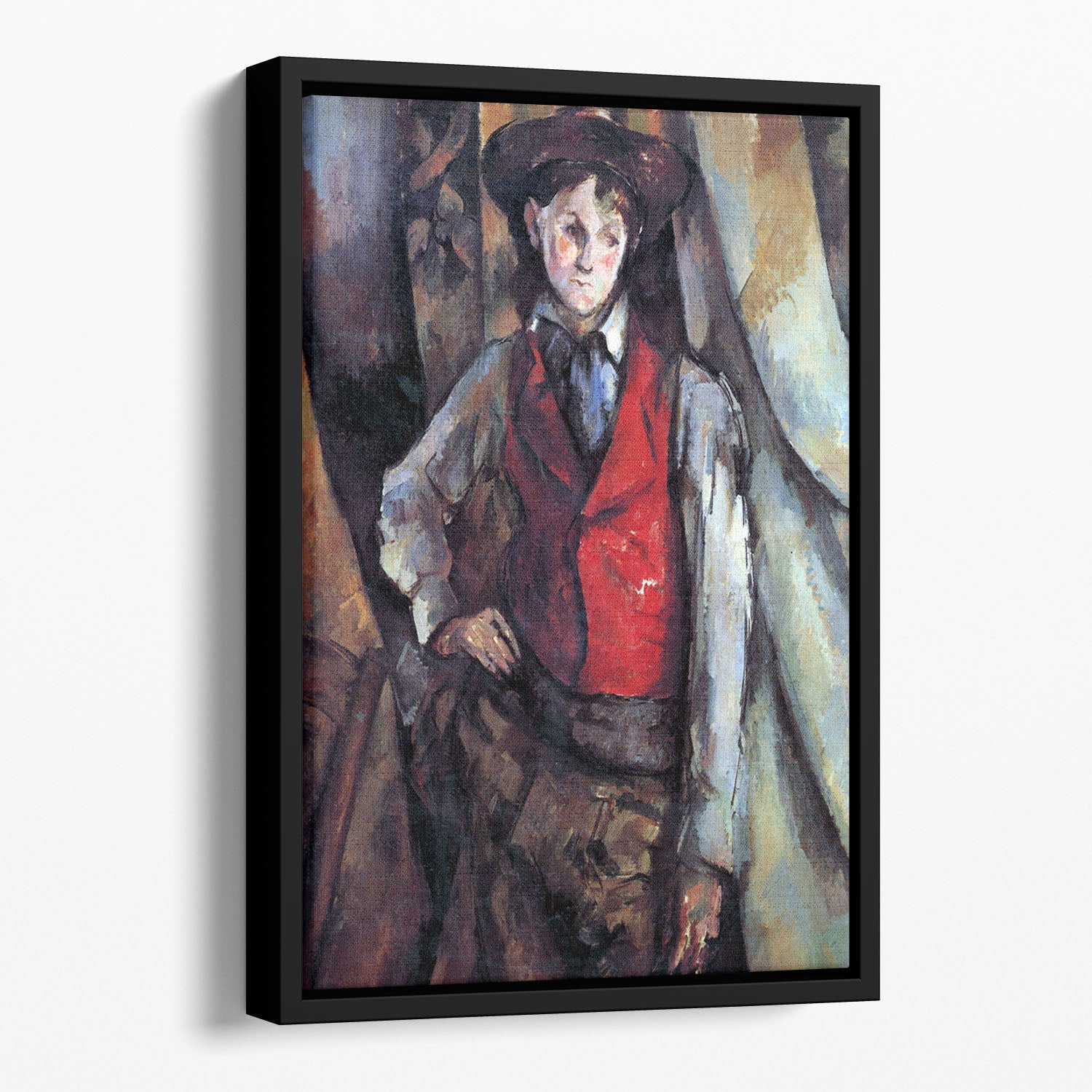 A vibrant canvas print of Boy in Red Waistcoat by Cezanne, elegantly framed in a handcrafted floating frame, showcasing rich colors and artistic detail.