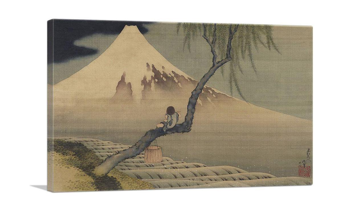 Canvas print of 'Boy Viewing Mount Fuji 1839', showcasing a serene landscape with Mount Fuji in the background.