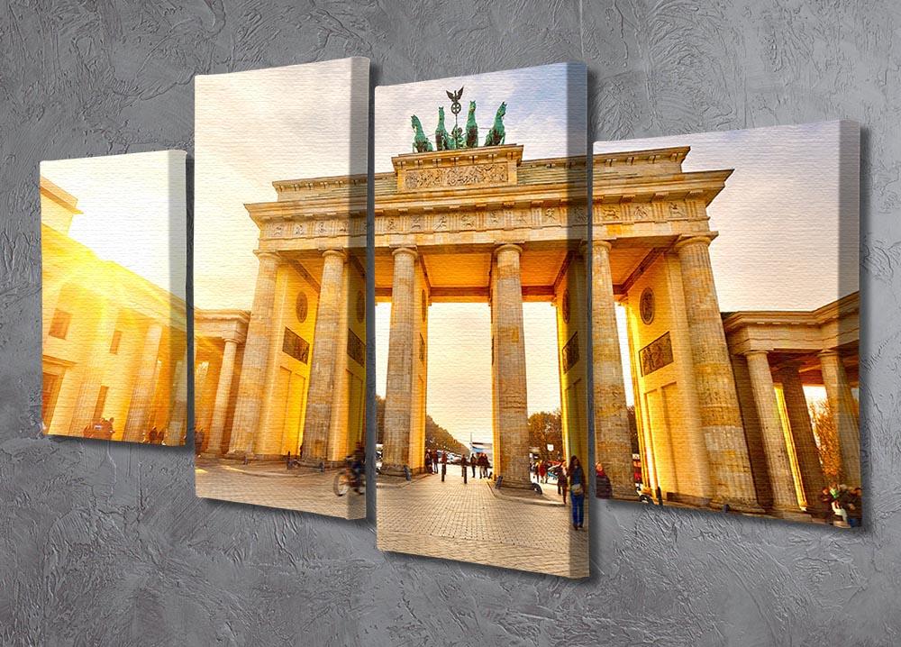 A beautiful 4-split canvas artwork featuring the Brandenburg Gate at sunset, showcasing vibrant colors and intricate details across four panels.