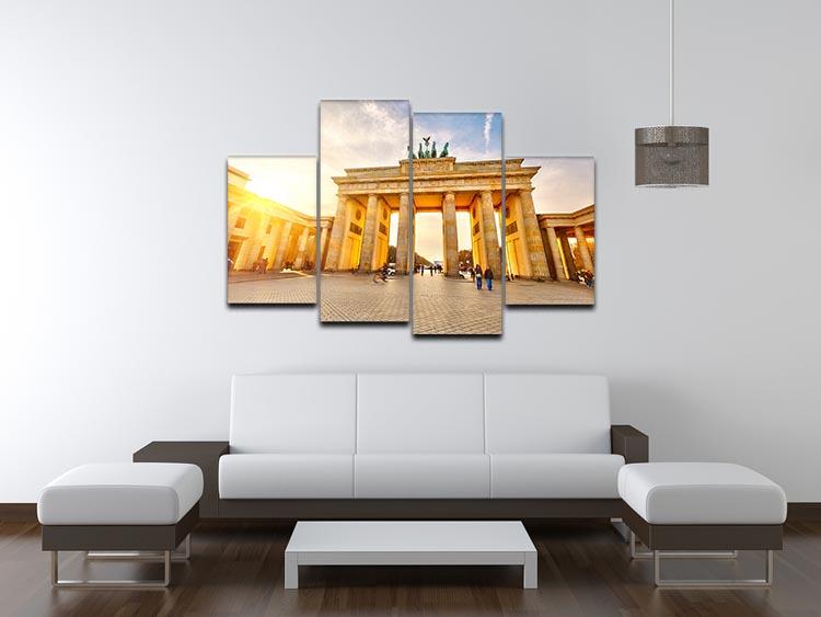 A beautiful 4-split canvas artwork featuring the Brandenburg Gate at sunset, showcasing vibrant colors and intricate details across four panels.