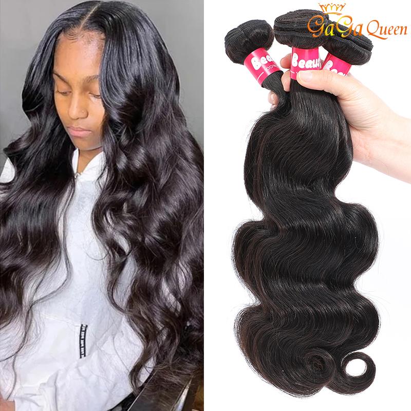 Brazilian Virgin Hair Body Wave Extensions showcasing soft, shiny, and bouncy texture in natural black color.