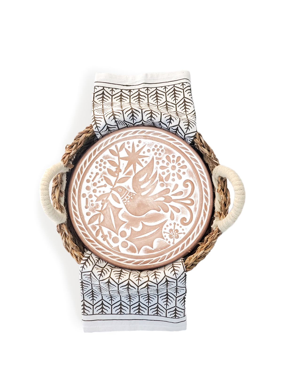 A beautifully crafted Bread Warmer & Basket Gift Set featuring a terracotta warmer, handwoven seagrass basket, and a printed tea towel, all showcasing artisan craftsmanship.