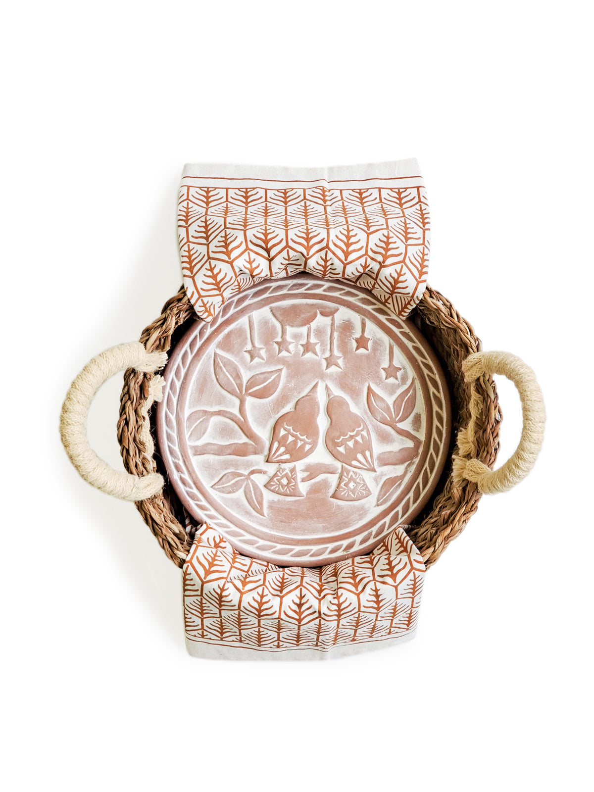 Lovebird Round Bread Warmer & Basket Gift Set featuring terracotta warmer, handwoven seagrass basket, and printed tea towel.