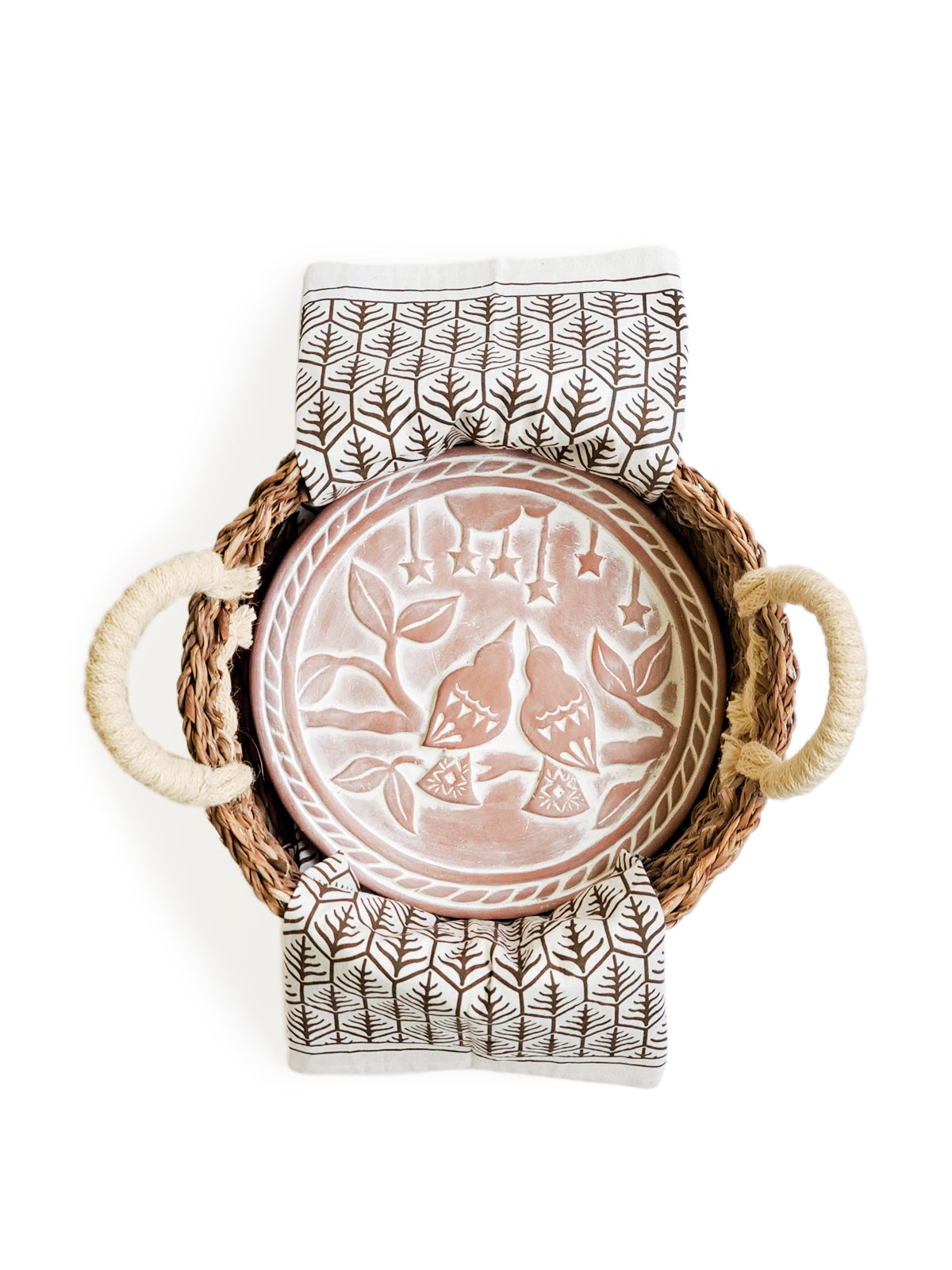 Lovebird Round Bread Warmer & Basket Gift Set featuring terracotta warmer, handwoven seagrass basket, and printed tea towel.