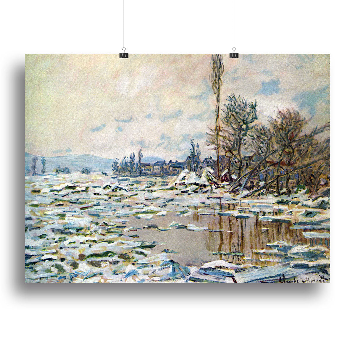Break Up of Ice by Monet canvas print showcasing a serene winter landscape with melting ice and soft colors.