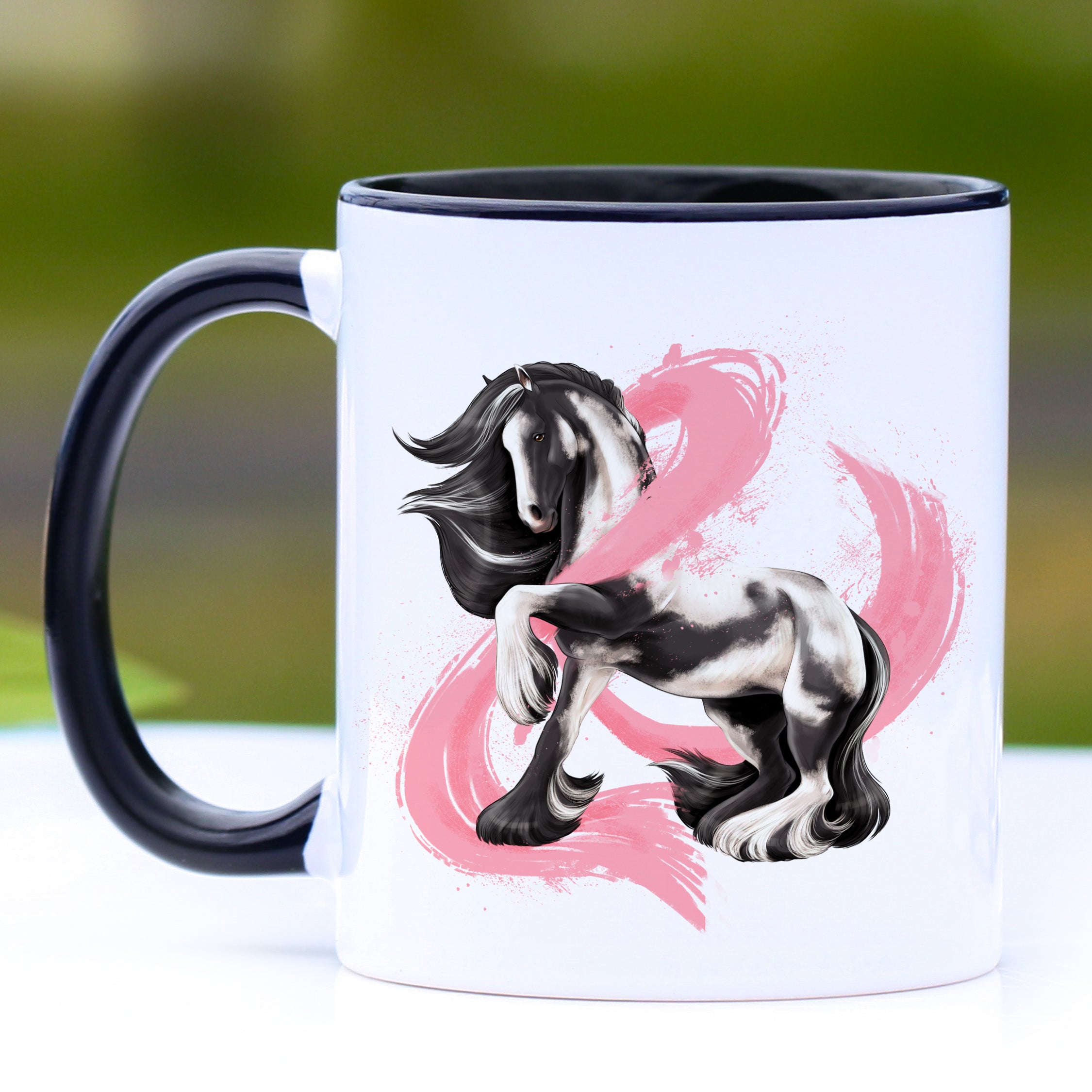 Breast Cancer Awareness Gypsy Horse Coffee Mug with black handle and interior, showcasing a beautiful horse design.