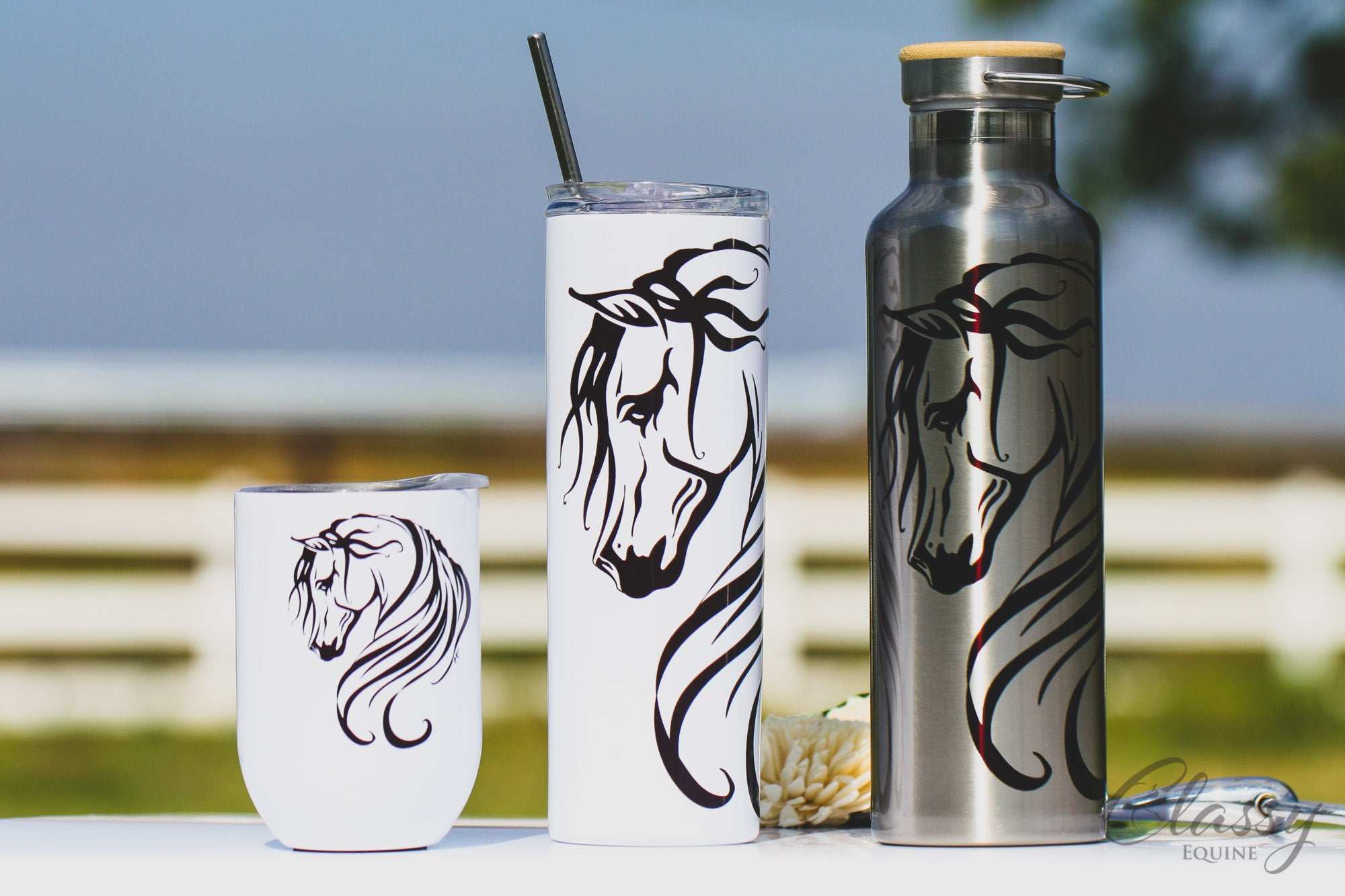 Breathless Arabian Horse 20 oz skinny tumbler with straw, featuring a stunning Arabian horse design on a white powder-coated stainless steel body.