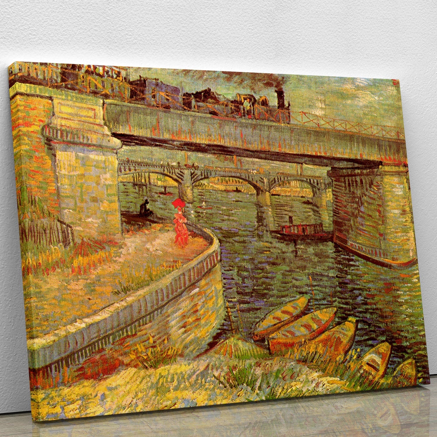 Canvas print of Van Gogh's Bridges across the Seine at Asnieres, showcasing vibrant colors and dynamic brush strokes.