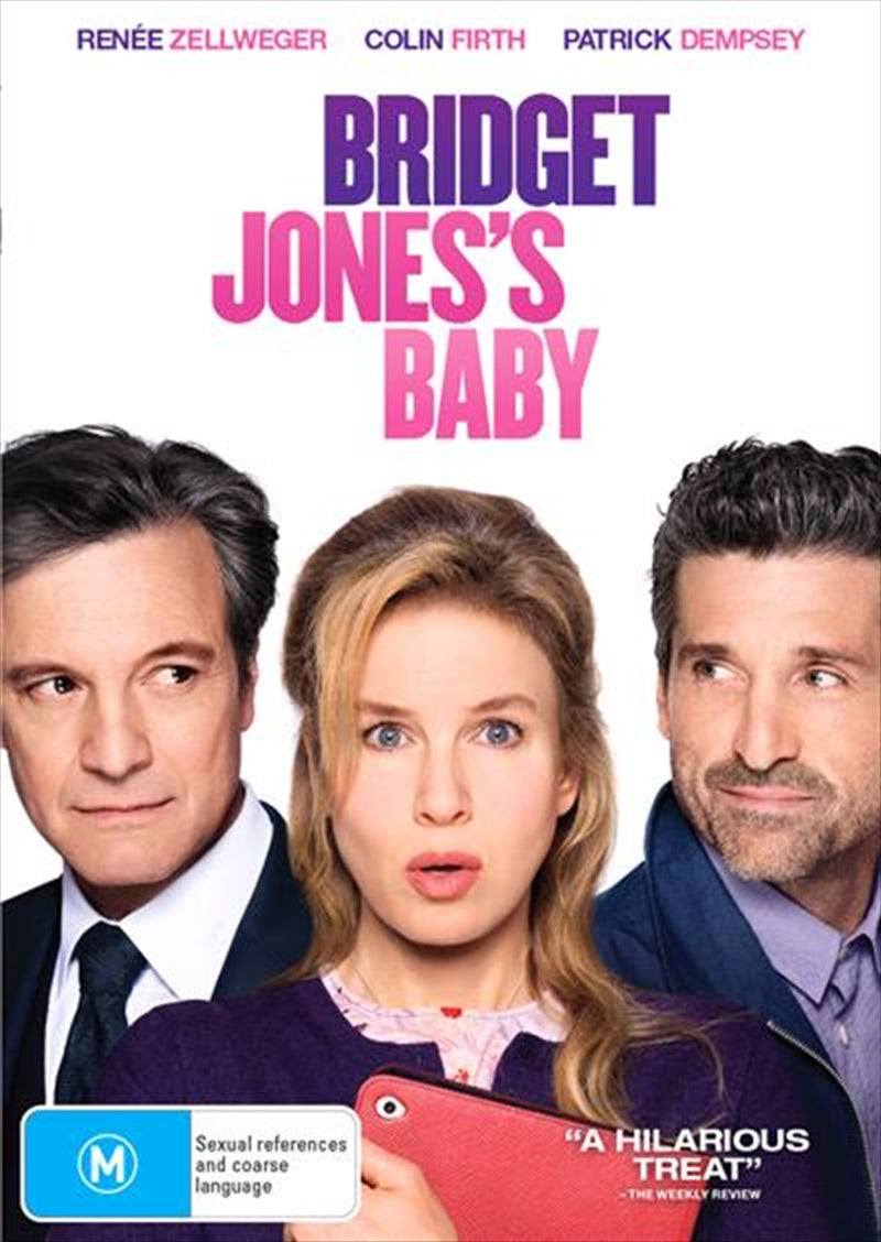 Bridget Jones's Baby DVD cover featuring Renée Zellweger, Colin Firth, and Patrick Dempsey in a romantic comedy setting.