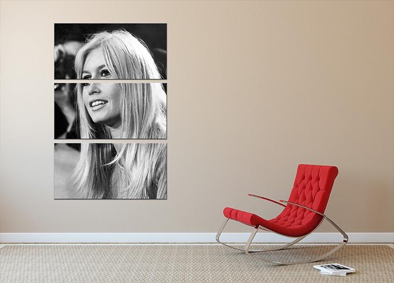 Brigitte Bardot in 1966 3-panel canvas print showcasing elegant design and vibrant colors.